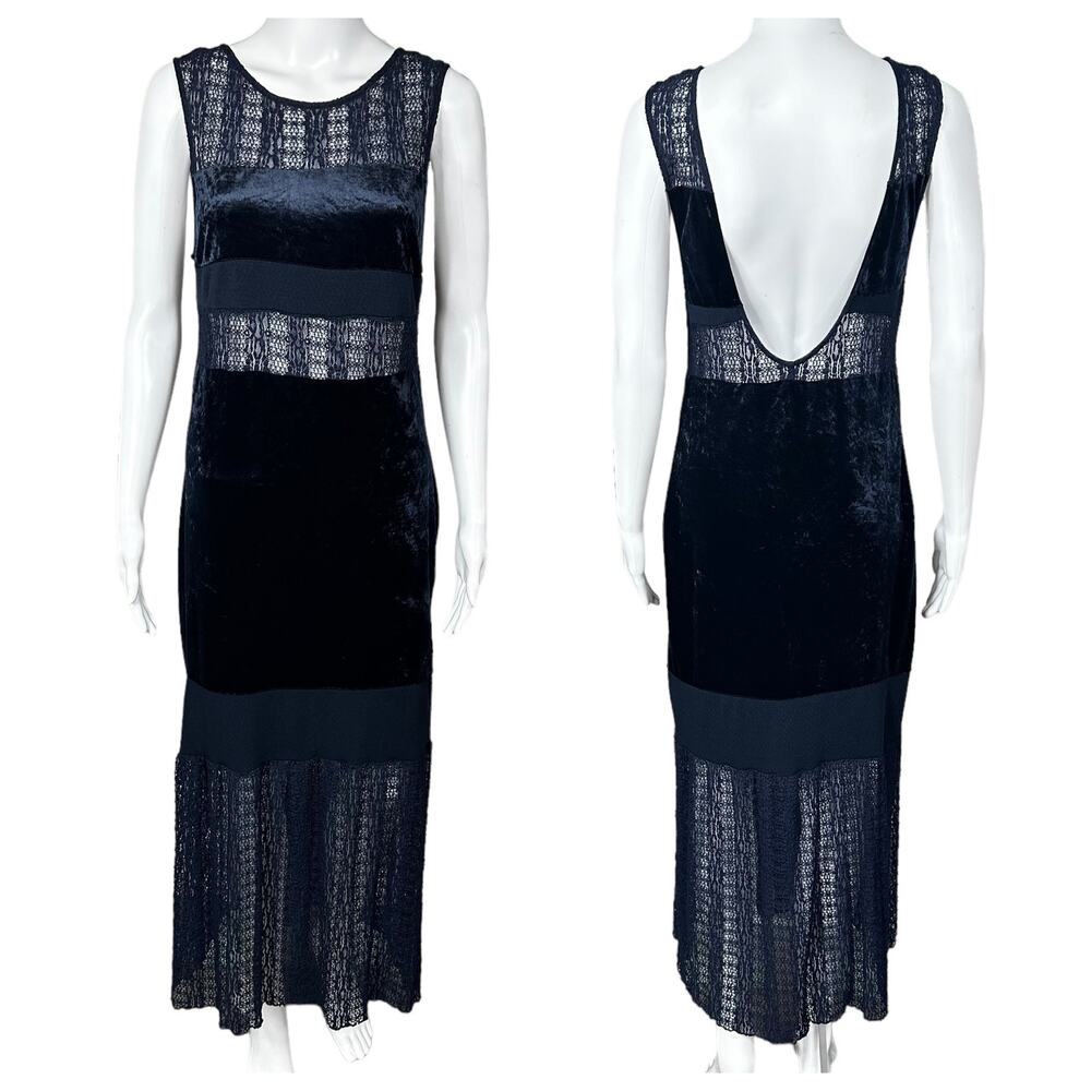Free People Crushed Velvet Sheer Lace Blue Maxi Dress Large Fairy Witchy Gothic - Picture 2 of 16